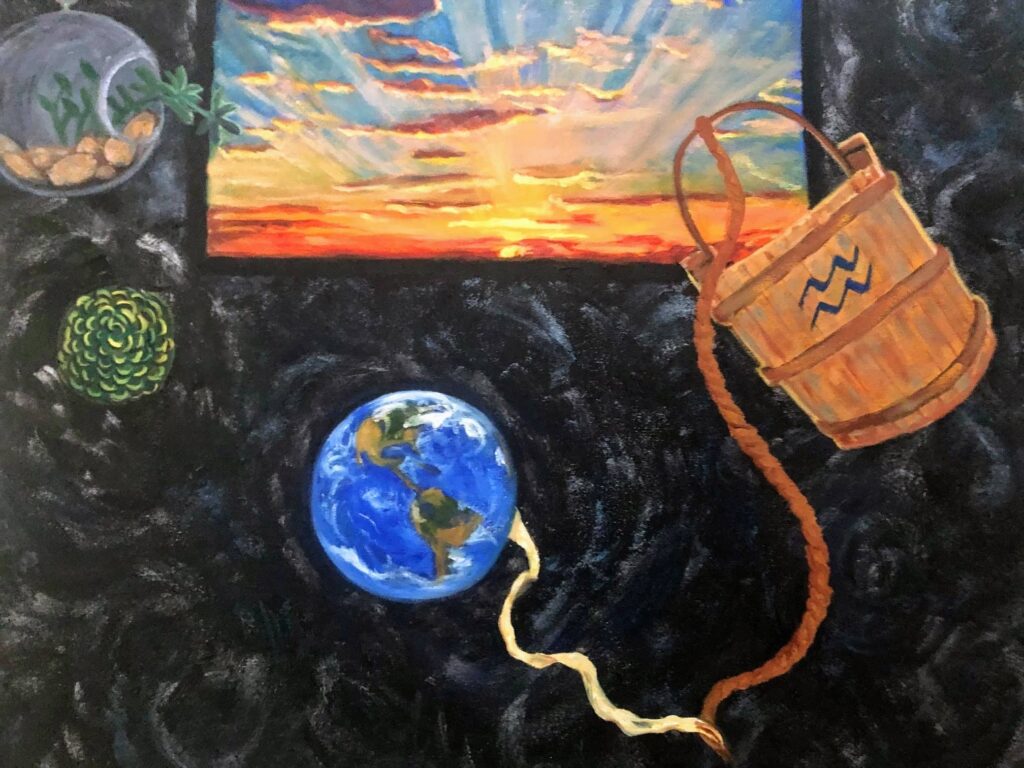 Painting of a sunrise with a floating wooden bucket, the Earth, a terrarium, and a green ball against a starry background.